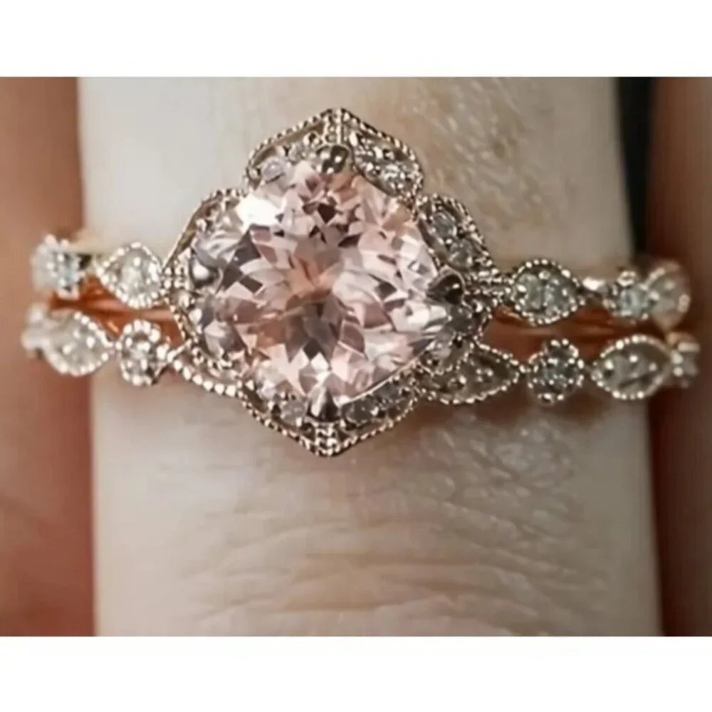2 ct Round Cut Morganite & moissanite diamond Bridal Engagement Wedding Ring Set